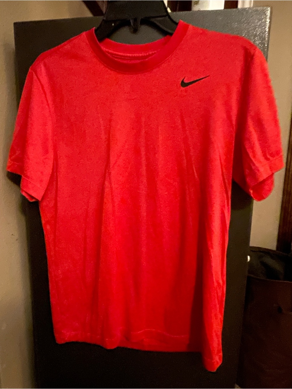 Nike Men’s Bright Red Short Sleeve Crew drifit Tee with Black Swoosh